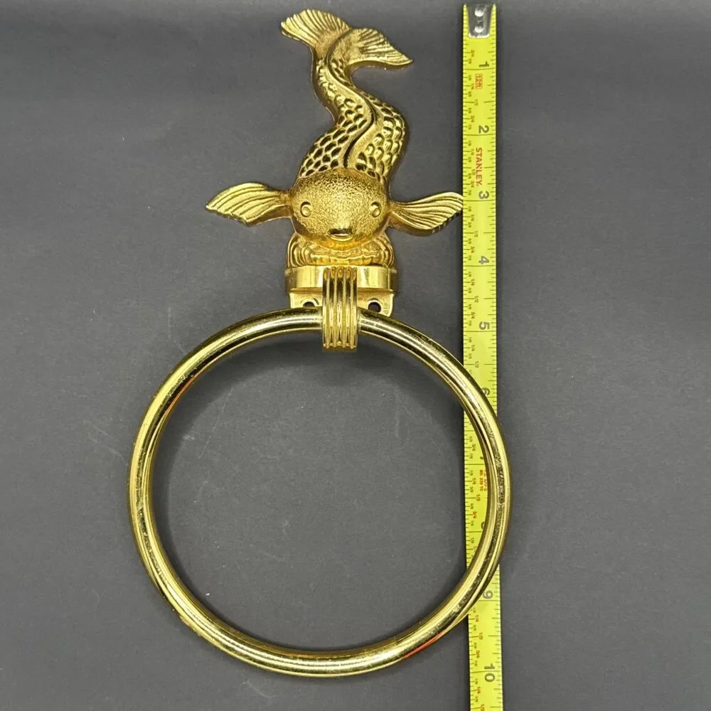 Vtg Koi Fish Bathroom Towel Ring Metal Gold or Brass Tone Rack Wall Holder MCM